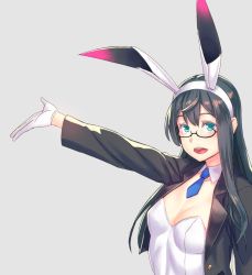 Rule 34 | 1girl, animal ears, aqua eyes, black hair, blue necktie, breasts, cleavage, detached collar, fake animal ears, glasses, gloves, grey background, jacket, kantai collection, leotard, long hair, necktie, ooyodo (kancolle), playboy bunny, rabbit ears, simple background, small breasts, solo, suit jacket, white gloves, yuuji (and)
