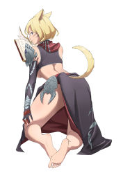 Rule 34 | 1girl, absurdres, animal ears, barefoot, blonde hair, blue eyes, book, breasts, cat ears, cat tail, elbow gloves, facial mark, feet, final fantasy, final fantasy xiv, full body, gloves, highres, imdsound, kneeling, large breasts, looking at viewer, midriff, miqo&#039;te, short hair, simple background, smile, soles, solo, summoner (final fantasy), tail, underboob, warrior of light (ff14)