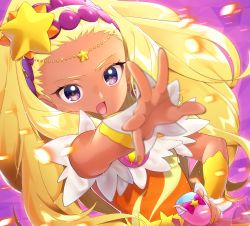 Rule 34 | 1girl, amamiya elena, blonde hair, blurry, blurry foreground, circlet, cure soleil, dark-skinned female, dark skin, earrings, floating hair, hair ornament, hairband, hand on own hip, highres, jewelry, long hair, looking at viewer, mole, mole under eye, nail polish, open mouth, outstretched arm, precure, purple background, purple eyes, purple hairband, solo, star (symbol), star hair ornament, star twinkle precure, upper body, very long hair, yellow nails, yupiteru