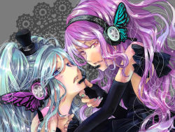 Rule 34 | 2girls, aqua hair, bad id, bad pixiv id, blue eyes, face-to-face, fingerless gloves, gloves, grabbing another&#039;s chin, hand on another&#039;s chin, hat, hatsune miku, headphones, headset, long hair, magnet (vocaloid), megurine luka, mini hat, mini top hat, multiple girls, nail polish, open mouth, pink eyes, pink hair, purple hair, red eyes, ribbon, top hat, twintails, vocaloid, yukinokoe, yuri