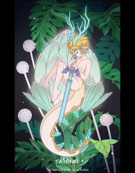 Rule 34 | 1girl, artist name, blonde hair, breasts, closed eyes, completely nude, copyright name, dragon horns, dragon tail, fetal position, flower, highres, holding, holding sword, holding weapon, horns, light dragon (zelda), master sword, medium breasts, nintendo, no nipples, nude, pointy ears, princess zelda, rutiwa, short hair, solo, spiked tail, sword, tail, the legend of zelda, the legend of zelda: tears of the kingdom, weapon