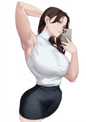 Rule 34 | 1girl, alternate costume, arm behind head, armpits, bare arms, bare shoulders, black skirt, blueorca, breasts, brown eyes, brown hair, capcom, cellphone, chun-li, earrings, hair over shoulder, highres, holding, holding phone, jewelry, large breasts, long hair, looking at viewer, office lady, parted bangs, parted lips, pencil skirt, phone, selfie, shirt, shirt tucked in, skirt, sleeveless, sleeveless turtleneck, smartphone, smile, solo, street fighter, taut clothes, taut shirt, taut skirt, thighs, toned, turtleneck, white background, white shirt