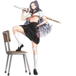 Rule 34 | 1girl, bandaid, bandaid on face, bandaid on knee, bandaid on leg, black bra, black footwear, black gloves, black skirt, black surgical mask, blue eyes, bra, bra peek, bracelet, breasts, candy, chain, chair, cropped shirt, delinquent, feet on chair, fingerless gloves, flare gun, food, food in mouth, full body, gloves, grey hair, grey nails, gstiyl, hair ornament, hair scrunchie, half gloves, hand on own hip, high ponytail, highres, holding, holding shinai, holding sword, holding weapon, jewelry, kneehighs, lace, lace bra, large breasts, last origin, leg up, linea alba, lips, loafers, lollipop, long hair, long skirt, looking at viewer, mask, mask pull, mouth mask, nail polish, neckerchief, o-ring, official alternate costume, official art, pink weapon, pleated skirt, red neckerchief, school chair, school uniform, scrunchie, serafuku, shinai, shoes, short sleeves, simple background, skirt, socks, solo, standing, sukeban, surgical mask, sword, tachi-e, third-party source, transparent background, underboob, underwear, war wolf (last origin), weapon, white serafuku, white socks, yellow scrunchie