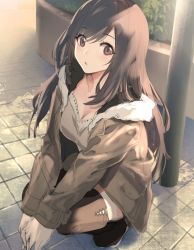 Rule 34 | 1girl, alternate costume, bad id, bad twitter id, breasts, brown eyes, brown hair, cleavage, fur collar, fur trim, idolmaster, idolmaster shiny colors, jacket, large breasts, long hair, looking at viewer, open mouth, outdoors, pole, sola (solo0730), solo, squatting, swept bangs, tile floor, tiles, tsukioka kogane