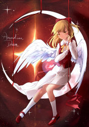 Rule 34 | 1girl, angel wings, blonde hair, blouse, bow, crescent moon, gengetsu (touhou), hair bow, highres, kneehighs, moon, on crescent, shirt, shoes, sitting, skirt, socks, solo, touhou, touhou (pc-98), vest, white shirt, white socks, wings, yellow eyes, yorktown cv-5