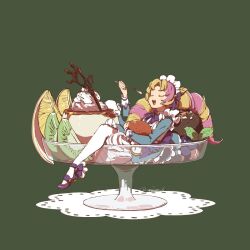Rule 34 | 1girl, :d, bow, bowtie, cafe cuties gwen, closed eyes, cone hair bun, dress, drill hair, food, frills, fruit, green background, gwen (league of legends), hair bun, highres, holding, holding spoon, ice cream, league of legends, long sleeves, maid, maid headdress, mizuni (aqa2comi), multicolored hair, open mouth, oversized object, parted bangs, shoes, smile, solo, spoon, teeth, twin drills, two-tone hair