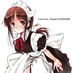 Rule 34 | 1girl, black eyes, brown hair, frills, glasses, hand on own thigh, koin (foxmark), leaning forward, logo, looking at viewer, lowres, maid, maid headdress, original, simple background, smile, solo, white background