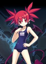 Rule 34 | 1girl, bat wings, cross edge, demon girl, demon tail, disgaea, etna (disgaea), harada takehito, lowres, nippon ichi, one-piece swimsuit, pointy ears, red eyes, red hair, school swimsuit, skull, solo, swimsuit, tail, wings, x edge
