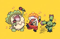 :d claws closed_eyes commentary_request creatures_(company) crocalor dancing game_freak gen_3_pokemon gen_5_pokemon instrument leg_up ludicolo maracas maractus musical_note nintendo no_humans open_mouth pokemon pokemon_(creature) sagemaru-br smile teeth tongue u_u yellow_background