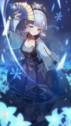 Rule 34 | 1girl, absurdres, arm guards, armor, armored dress, ayaka (genshin impact), black gloves, blue capelet, blue eyes, blunt bangs, breastplate, breasts, capelet, cleavage, dancing, flower, flower knot, folding fan, genshin impact, gloves, glowing flower, hair ornament, hair ribbon, hand fan, highres, holding, holding fan, ice, japanese armor, kino (m6t2a), kusazuri, long hair, looking at viewer, medium breasts, neck tassel, night, open mouth, outdoors, partially fingerless gloves, partially submerged, ponytail, ribbon, silver hair, snowflakes, solo, tress ribbon
