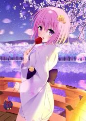 Rule 34 | 10s, 1girl, candy apple, cowboy shot, female focus, flower, food, from side, hair between eyes, japanese clothes, kimono, momo velia deviluke, nature, open mouth, outdoors, plant, skirt, sky, solo, standing, star (sky), starry sky, to love-ru, to love-ru darkness, tree, water, yuugoku yume