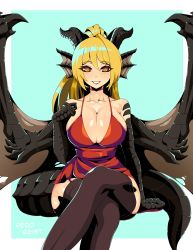 Rule 34 | 1girl, absurdres, blonde hair, breasts, choker, cleavage, commentary, crossed legs, dragon girl, dragon horns, dragon tail, dragon wings, dress, eyes visible through hair, fins, garter straps, head fins, highres, horns, hourglass, large breasts, long hair, orange eyes, original, ponytail, red dress, reddgeist, scales, smile, solo, tail, thighhighs, wide hips, wings