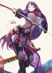 Rule 34 | 1girl, bodysuit, breasts, ceda (dace), covered navel, covered erect nipples, fate/grand order, fate (series), fingerless gloves, gloves, impossible bodysuit, impossible clothes, katana, large breasts, long hair, looking at viewer, minamoto no raikou (fate), parted lips, pelvic curtain, purple eyes, purple hair, rope, skin tight, solo, sword, taut clothes, very long hair, weapon