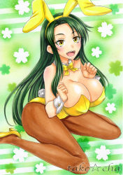 Rule 34 | 1girl, :d, animal ears, bare shoulders, blush, bow, bowtie, breasts, rabbit ears, rabbit tail, cleavage, clenched hands, detached collar, fake animal ears, female focus, green hair, high heels, large breasts, leotard, long hair, open mouth, pantyhose, playboy bunny, round teeth, sitting, smile, solo, strapless, strapless leotard, suzumiya haruhi no yuuutsu, tail, takecha, teeth, tsuruya, very long hair, wariza, wrist cuffs, yellow bow, yellow eyes, yellow high heels, yellow leotard