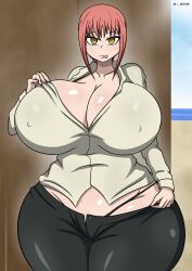 Rule 34 | 1girl, absurdres, ass, bikini, black bikini, braid, braided ponytail, breasts, chainsaw man, clothes, dibuctor, female focus, highres, huge ass, huge breasts, looking at viewer, makima (chainsaw man), open clothes, pink hair, ponytail, red hair, solo, spitroast, swimsuit, tongue, tongue out, yellow eyes