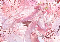Rule 34 | 1girl, absurdly long hair, bare shoulders, branch, cherry blossoms, cherry hair ornament, commentary, cowboy shot, detached sleeves, flower, food-themed hair ornament, hair ornament, hatsune miku, highres, in tree, long hair, looking at viewer, miniskirt, necktie, noneon319, pink eyes, pink flower, pink hair, pink necktie, pink skirt, pink sleeves, pink theme, pink thighhighs, pleated skirt, sakura miku, shirt, sideways glance, sitting, sitting in tree, sketch, skirt, sleeveless, sleeveless shirt, smile, solo, thighhighs, tree, twintails, very long hair, vocaloid, white shirt, zettai ryouiki