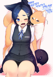 Rule 34 | 1girl, ;d, animal, animal ears, arms behind back, bike shorts, black skirt, black vest, blue eyes, blue hair, blue ribbon, blush, collared shirt, dog, dog ears, dog tail, feet out of frame, halftone, halftone background, highres, kantai collection, kemonomimi mode, kuroshio (kancolle), motion lines, one eye closed, open mouth, parted bangs, ribbon, shirt, short sleeves, shorts, shorts under skirt, sitting, skirt, smile, solo, tail, taketora suzume, thick eyebrows, translation request, vest, white shirt, wing collar