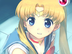 Rule 34 | 1girl, airi (cheri-blossam), bishoujo senshi sailor moon, blonde hair, blue eyes, blue sailor collar, breasts, choker, cleavage, collarbone, commentary request, crescent, crescent earrings, derivative work, earrings, hair bun, heart, heart choker, jewelry, long hair, meme, red choker, sailor collar, sailor moon, sailor moon redraw challenge (meme), sailor senshi, sailor senshi uniform, screenshot redraw, single hair bun, solo, tsukino usagi, twintails, upper body