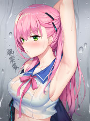 Rule 34 | 1girl, arm behind head, arm up, armpits, azur lane, bare shoulders, black jacket, blue sailor collar, blush, breasts, collarbone, collared shirt, contrail, crop top, embarrassed, frown, green eyes, grey background, hair ornament, hairclip, highres, jacket, long hair, looking at viewer, medium breasts, memphis (azur lane), midriff, neck ribbon, nose blush, off shoulder, open mouth, parted lips, pink hair, pink ribbon, ribbon, sailor collar, school uniform, see-through, serafuku, shirt, sideboob, silveroid, simple background, sleeveless, sleeveless shirt, solo, upper body, v-shaped eyebrows, water, wet, wet clothes, wet shirt, white shirt