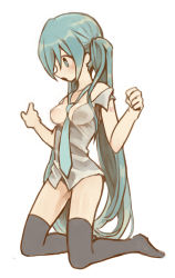Rule 34 | 1girl, aqua eyes, aqua hair, bad id, bad pixiv id, between breasts, breasts, hatsune miku, haya7m, haya (chiruka237), kneeling, long hair, necktie, open clothes, open shirt, shirt, simple background, solo, thighhighs, twintails, very long hair, vocaloid, white background