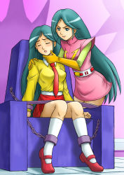 Rule 34 | 1970s (style), 2girls, belt, between breasts, blue eyes, blush, breasts, chain, chair, chiba-infinity, choudenji robo combattler v, copy nanbara chizuru, closed eyes, fujii satoshi, gloves, green hair, hand on another&#039;s chin, imposter, military, military uniform, multiple girls, nanbara chizuru, necktie, oldschool, open mouth, restrained, retro artstyle, school uniform, shoes, skirt, smile, socks, sunrise (company), toei animation, uniform