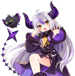 Rule 34 | 1girl, :d, absurdres, ahoge, black coat, black horns, blush, braid, braided bangs, buttons, coat, collar, crow (la+ darknesss), demon girl, demon horns, double-breasted, hair between eyes, highres, hololive, horns, la+ darknesss, long hair, long sleeves, looking at viewer, multicolored hair, neckerchief, open mouth, pointy ears, purple hair, purple horns, reaching, reaching towards viewer, shinomiya shino (sinosino141), sidelocks, smile, solo focus, streaked hair, striped horns, tail, trench coat, very long hair, virtual youtuber, wide sleeves, yellow eyes, yellow neckerchief