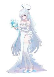 Rule 34 | 1girl, alternate costume, ash (cat7evy), blue archive, blue flower, blush, bouquet, breasts, cleavage, closed mouth, dress, elbow gloves, flower, full body, gloves, grey hair, hair between eyes, halo, high heels, highres, holding, holding bouquet, large breasts, long hair, looking at viewer, mechanical halo, noa (blue archive), purple eyes, simple background, smile, solo, standing, thighhighs, white background, white dress, white flower, white footwear, white gloves, white thighhighs