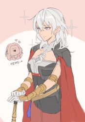 Rule 34 | 2girls, absurdres, alternate color, armor, blush, breasts, byleth (female) (fire emblem), byleth (fire emblem), cape, closed mouth, cosplay, edelgard von hresvelg, edelgard von hresvelg (cosplay), fire emblem, fire emblem: three houses, gloves, grey hair, highres, long hair, long sleeves, multiple girls, nintendo, pantyhose, purple eyes, red cape, simple background, smile, super smash bros., toho10min, white hair