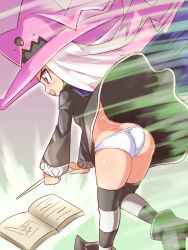 Rule 34 | 1girl, ass, book, boots, breasts, cougar (cougar1404), dragon: marked for death, from behind, hat, long hair, open mouth, panties, pantyshot, red eyes, shiny skin, sideboob, small breasts, smile, solo, striped clothes, striped thighhighs, thighhighs, underwear, very long hair, wand, witch (dmfd)