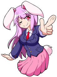 Rule 34 | 1girl, animal ears, blazer, blush, breasts, finger gun, jacket, large breasts, light purple hair, long hair, looking at viewer, one eye closed, rabbit ears, rabbit girl, rabbit tail, red eyes, reisen udongein inaba, simple background, skirt, smile, solo, tail, touhou, white background