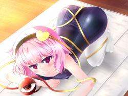 Rule 34 | 1girl, 5th grade loli, ass, black one-piece swimsuit, blush, body blush, collarbone, dutch angle, eisen0502, embarrassed, eyebrows, flat chest, from above, hairband, heart, hip focus, indoors, komeiji satori, looking at viewer, mat, one-piece swimsuit, parted lips, pink eyes, pink hair, raised eyebrows, red eyes, school swimsuit, short hair, solo, swimsuit, tentacles, thighhighs, third eye, tiptoes, top-down bottom-up, touhou, white thighhighs, wooden floor