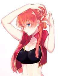 Rule 34 | 1girl, alternate breast size, blue eyes, bra, braid, braided bun, breasts, chinese clothes, cleavage, collarbone, colored eyelashes, eyelashes, gintama, hair bun, hair ornament, hairdressing, hairpin, hands up, kagura (gintama), large breasts, long hair, mouth hold, navel, nuka (nukamochi), open clothes, open shirt, profile, short sleeves, side bun, simple background, single side bun, solo, tying hair, underwear, white background