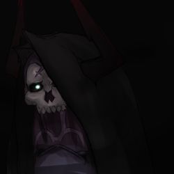 Rule 34 | 1boy, black background, fate/grand order, fate (series), glowing, glowing eyes, hood, hood up, horns, horns through headwear, i.u.y, king hassan (fate), looking at viewer, male focus, one eye covered, simple background, skull, solo, upper body