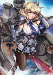 Rule 34 | 1girl, absurdres, anti-aircraft, anti-aircraft gun, arm warmers, black pantyhose, blonde hair, blue eyes, blue necktie, blush, boots, breasts, caiman pool, cannon, capelet, colorado (kancolle), dress, gloves, grey dress, hand on own head, hat, headgear, highres, kantai collection, large breasts, machinery, necktie, ocean, pantyhose, rigging, short hair, sideboob, solo, standing, standing on one leg, turret, twitter username, water
