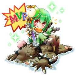 Rule 34 | 1boy, 1girl, :q, @ @, alternate color, armored boots, atroce, blood, blood on face, boots, bracelet, brown gloves, card, chibi, closed mouth, collar, commentary request, crossed bandaids, defeat, dress, full body, furry, furry male, gauntlets, gloves, green dress, green hair, green headwear, head bump, holding, holding card, holding sword, holding weapon, jewelry, looking at viewer, mvp, orange scarf, ragnarok online, red eyes, scarf, short hair, smile, sparkle, spiked bracelet, spiked collar, spikes, sword, swordsman (ragnarok online), takaha momo, tongue, tongue out, v-shaped eyebrows, weapon, wolf boy