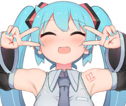 Rule 34 | 1girl, :d, ^ ^, abmayo, aqua hair, armpits, bare shoulders, black sleeves, blue necktie, blush, closed eyes, collared shirt, commentary request, detached sleeves, double v, emotional engine - full drive, facing viewer, fate/grand order, fate (series), grey shirt, hair ornament, hands up, happy, hatsune miku, highres, long hair, looking at viewer, nail polish, necktie, open mouth, shirt, shoulder tattoo, simple background, sleeveless, sleeveless shirt, smile, solo, sparkle, sweat, tattoo, twintails, upper body, v, v-shaped eyebrows, vocaloid, white background