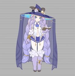 Rule 34 | 1girl, animal ears, animal hands, ascot, baphomet (monster girl encyclopedia), bare shoulders, blue ascot, blue eyes, blue skirt, book, center opening, claws, commentary, detached collar, english commentary, expressionless, full body, goat ears, goat horns, hat, highres, holding, holding book, hooves, horns, horns through headwear, light purple hair, long hair, looking at viewer, monster girl encyclopedia, navel, open book, pleated skirt, simple background, skirt, solo, valldor, veil, very long hair, witch hat