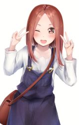 Rule 34 | 1girl, ;d, absurdres, bag, blue overalls, blush, brown eyes, brown hair, collarbone, commentary request, commission, double v, highres, karakai jouzu no takagi-san, long sleeves, looking at viewer, medium hair, one eye closed, open mouth, overalls, parted bangs, pixiv commission, shirt, simple background, smile, solo, takagi-san, v, white background, white shirt, yuunamida uyu