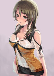 Rule 34 | 1girl, bare shoulders, belt, blush, breasts, brown eyes, brown hair, fatal frame, fatal frame 5, kozukata yuuri, large breasts, long hair, looking at viewer, open mouth, parted lips, see-through, shorts, solo, tanaka shoutarou, wet, wet clothes
