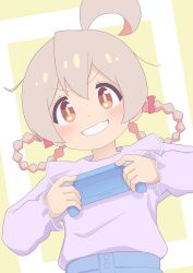Rule 34 | 1girl, absurdres, ahoge, braid, brown eyes, commentary, controller, game controller, grin, hair between eyes, highres, holding, holding controller, holding game controller, huge ahoge, light blush, long sleeves, looking at viewer, braided hair rings, onii-chan wa oshimai!, oyama mahiro, purple shirt, rundraw, shirt, simple background, smile, solo, teeth, twin braids, upper body, v-shaped eyebrows, yellow background