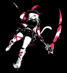 Rule 34 | 1girl, andyface, black background, boots, cat tail, hat, high heel boots, high heels, highres, red eyes, scythe, solo, tail, thigh strap, weapon, witch hat