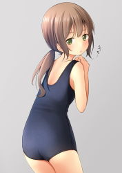 Rule 34 | 1girl, :o, ass, bare arms, bare shoulders, blue one-piece swimsuit, brown hair, commentary request, flat ass, from behind, green eyes, grey background, hands up, highres, long hair, looking at viewer, looking back, low twintails, one-piece swimsuit, original, parted lips, school swimsuit, shibacha, simple background, solo, swimsuit, translation request, twintails