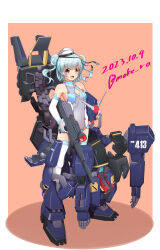 Rule 34 | 1girl, alternate costume, armor, blue hair, breasts, cosplay, covered navel, dated, dixie cup hat, double bun, dress, elbow gloves, gloves, gun, gundam, gundam mk ii, gundam mk ii (cosplay), hair bun, hat, hat ribbon, highres, kantai collection, looking at viewer, mecha musume, military hat, moke ro, no panties, pink background, power armor, power suit, ribbon, samuel b. roberts (kancolle), samuel b. roberts mk ii (kancolle), see-through, see-through dress, short hair, small breasts, solo, standing, thighhighs, twintails, twitter username, weapon, white footwear, white thighhighs, yellow eyes, zeta gundam