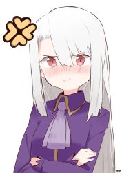 Rule 34 | 1girl, anger vein, blush, closed mouth, collared dress, commentary request, crossed arms, dress, fate/stay night, fate (series), grey hair, hair between eyes, highres, illyasviel von einzbern, long hair, long sleeves, nose blush, purple dress, purple neckwear, red eyes, signature, simple background, sleeves past wrists, solo, tosyeo, upper body, very long hair, wavy mouth, white background
