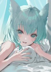 Rule 34 | 1girl, :d, absurdres, animal ears, bare arms, bed sheet, blue eyes, blue hair, cat ears, hair between eyes, highres, long hair, looking at viewer, open mouth, original, pillow, portrait, smile, solo, syotaisverycute