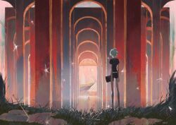 Rule 34 | 2others, absurdres, androgynous, aqua hair, arch, arms at sides, arrow (projectile), building, cinnabar (houseki no kuni), cliff, clipboard, commentary request, day, facing away, from behind, gem uniform (houseki no kuni), grass, highres, hj hikari0606, houseki no kuni, hydrokinesis, lake, liquid, mercury (element), multiple others, other focus, phosphophyllite, planted, planted arrow, puddle, puffy short sleeves, puffy sleeves, red hair, short hair, short sleeves, sky, solo focus, standing, sun, water