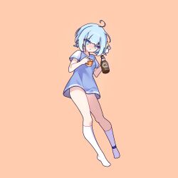 Rule 34 | 1girl, blue eyes, blue hair, bottle, cross (vgne4542), glass, highres, holding, holding bottle, jelly hoshiumi, phase connect, short hair, simple background, solo