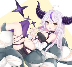 Rule 34 | 1girl, absurdres, ahoge, black horns, blue nails, braid, breasts, chicami, cleavage, commentary, crop top, demon girl, demon horns, detached sleeves, food, gradient nails, hair between eyes, highres, holding, holding food, hololive, horns, knees up, la+ darknesss, leg wrap, long hair, looking at viewer, lying, multicolored hair, multicolored horns, multicolored nails, nail polish, navel, o-ring, o-ring top, open mouth, pointy ears, popsicle, purple hair, purple horns, purple nails, purple thighhighs, simple background, single braid, single thighhigh, sleeves past elbows, small breasts, solo, streaked hair, striped horns, stuffed animal, stuffed toy, symbol-only commentary, teeth, thighhighs, two-tone background, two-tone hair, v-shaped eyebrows, virtual youtuber, white background, white hair, white sleeves, wrist wrap, yellow background, yellow eyes