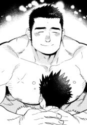 Rule 34 | 2boys, bara, between breasts, between pecs, between pectorals, black hair, blush, breasts, character request, completely nude, face between pecs, greyscale, head between pecs, kijima hyogo, large pectorals, long sideburns, male focus, protagonist 1 (housamo), mature male, monochrome, multiple boys, muscular, muscular male, nipples, nude, pectorals, short hair, sideburns, smile, solo focus, tearing up, tokyo houkago summoners, zao (housamo)
