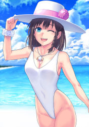 Rule 34 | 1girl, bare shoulders, beach, blue sky, blush, braid, breasts, brown hair, charlotte corday (fate), charlotte corday (swimsuit caster) (fate), charlotte corday (swimsuit caster) (second ascension) (fate), choker, cleavage, collarbone, fate/grand order, fate (series), flower, green eyes, hai (h81908190), hat, highleg, highleg swimsuit, highres, jewelry, large breasts, looking at viewer, navel, necklace, ocean, one-piece swimsuit, open mouth, pendant, shore, short hair, side braid, sky, smile, solo, swimsuit, thighs, white hat, white one-piece swimsuit
